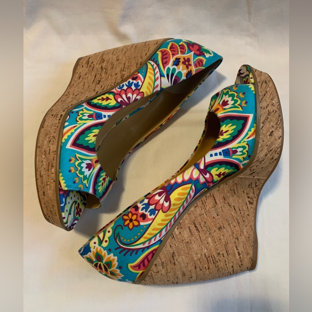 Vibrant Multicolor Floral Print Cork Wedge Heels - Picture 7 of 15